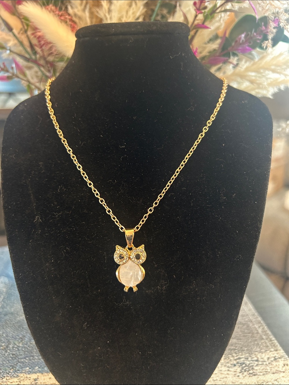 Gold Owl Pendant Necklace with White Inlay